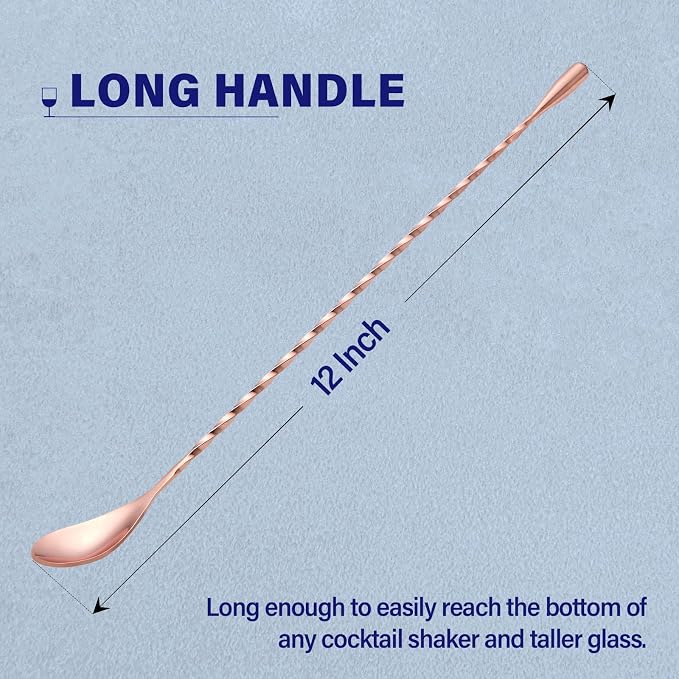 Bar Spoon Cocktail Mixing Stirrer, 2Pcs, 12” Long Handle, Rose Gold | 18/8 Stainless Steel, Long Drink Spoons, for Stirring Coffee & Cocktails