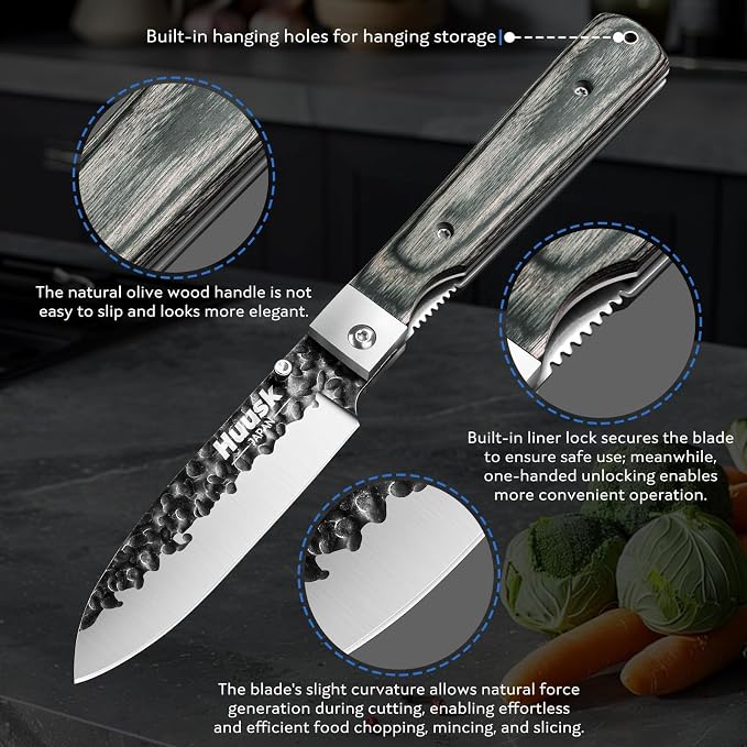 Huusk Japanese Folding Santoku Knife - Pocket Chef Knife | Portable Kitchen Knives, Hand Forged Blade, Wooden Handle, Gift Box, For BBQ, Camping and Travel