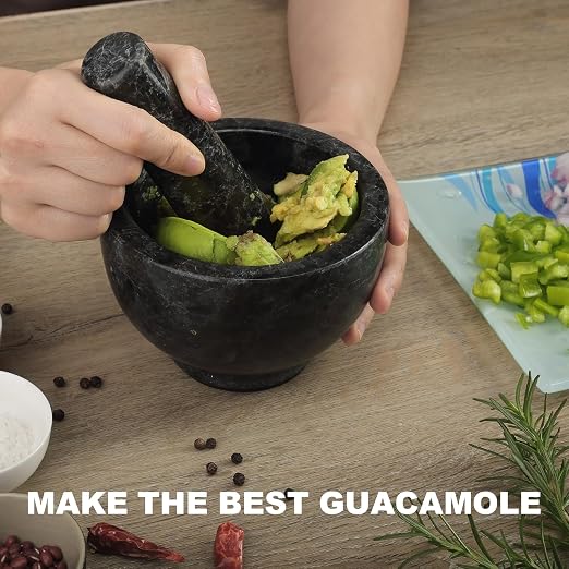 African Natural Granite Mortar and Pestle Set, Grinder Bowl for Guacamole, Salsa, Pill Crusher, Spice, Herb, Garlic, Nut, Heavy Duty Grinder for Kitchen (Glossy Finish)