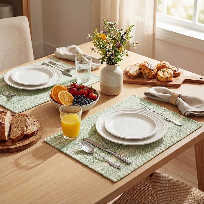 Artoid Mode Sage Green Farmhouse Woven Braided Stripe Placemats Set of 4,12x18 Inch Seasonal Holiday Table Mats Party Kitchen Dining Decoration