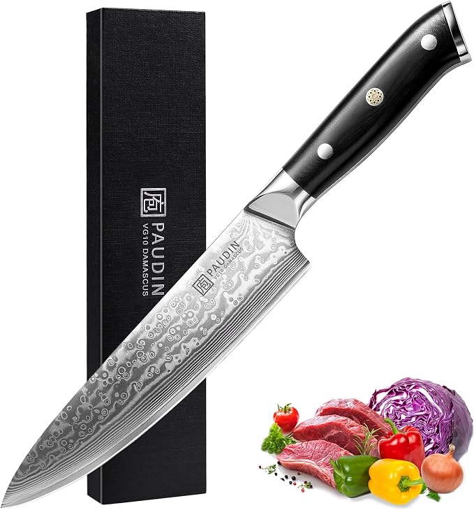 PAUDIN Chef Knife 8 Inch, Damascus Kitchen Knife with G10 Handle | 67-Layer Japanese VG10 Steel Core , Razor Sharp Japanese Chef Knife for Home, Restaurant
