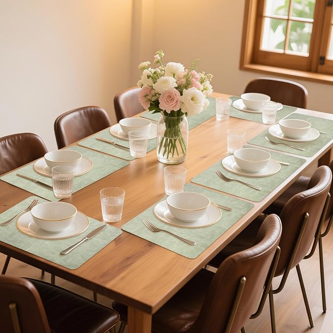 Maxpearl Faux Leather Placemats Set of 8, Easy to Clean, Light Green | Waterproof - Heat Resistant - Non Slip - Wipe Clean Dining Table Place Mats, Suitable for Indoor & Outdoor Use, 17''×12''
