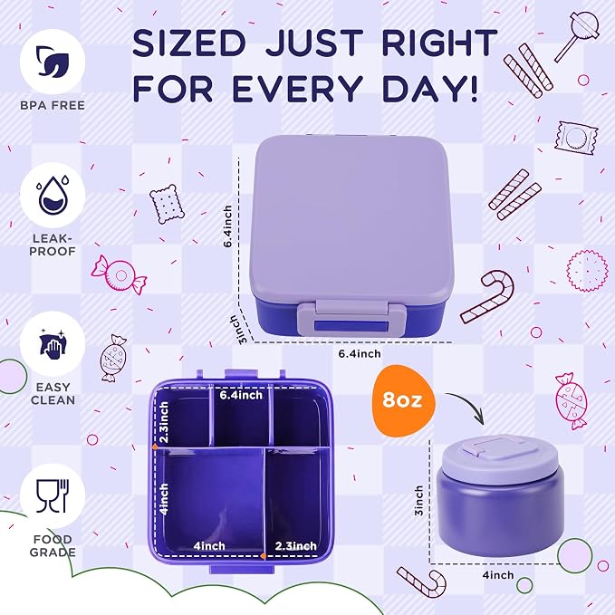 Bento Lunch Box for Kids with 8oz Thermo Containers for School,Camping | Vacuum Insulated Food Jar,Leakproof Silicone-Seal,5 Compartments with Dividers,Dishwasher & Refrigerator Safe,BPA-Free