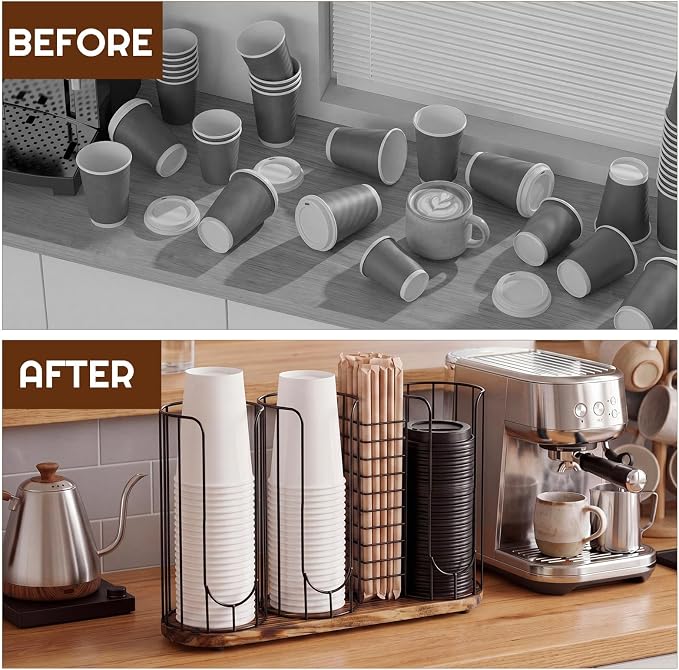 18oz Adjustable Coffee Cup Dispenser with Wooden Base, Cup and Lid Holder, Cups Holder Organizer for Coffee Pod Straw and Lid Storage(4-compartment Single,Color 5)