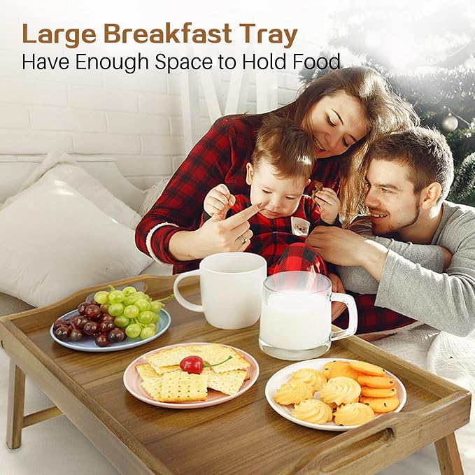 Utoplike Large Acacia Bed Tray Table for Eating, Breakfast Trays with Legs | Foldable Legs, Wood Serving Trays for Food, Snack, Laptop Working, Reading, Raised Edges, Large Size