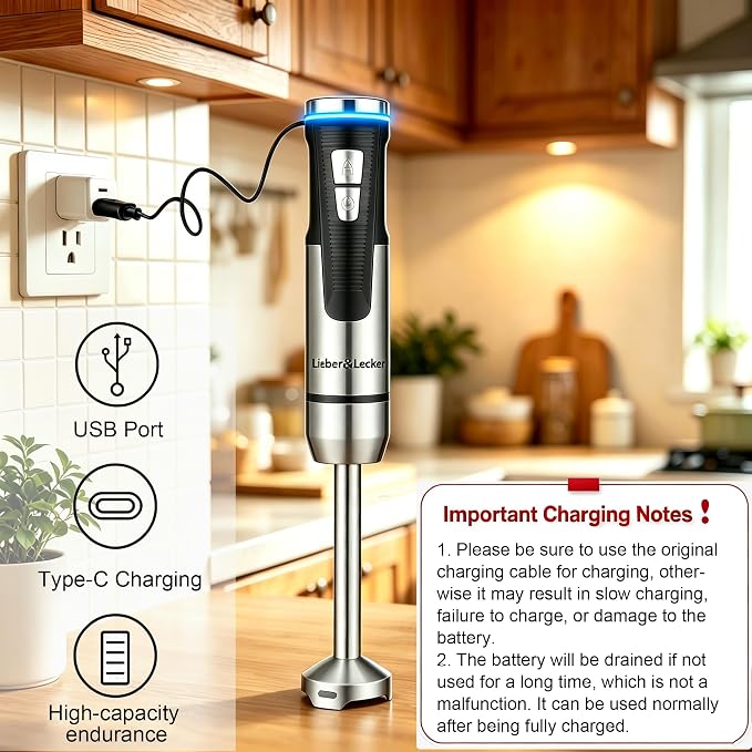Liebe&Lecker Cordless Immersion Blender, 3-in-1 Handheld Stick Blender | Rechargeable Electric Mixer Set with Whisk & Milk Frother, 8-Speed Hand Blender for Shakes, Soups, Coffee, Zero BPA (Black)