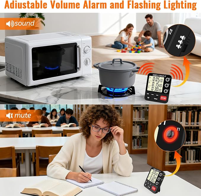 Digital Dual Kitchen Timer, Multiple Channels Countdown Timer | 3-Groups Triple Timer with Magnet-Back Memory-Preset Large Display Adjustable Volume, 3A Battery Included, Ideal for Cooking