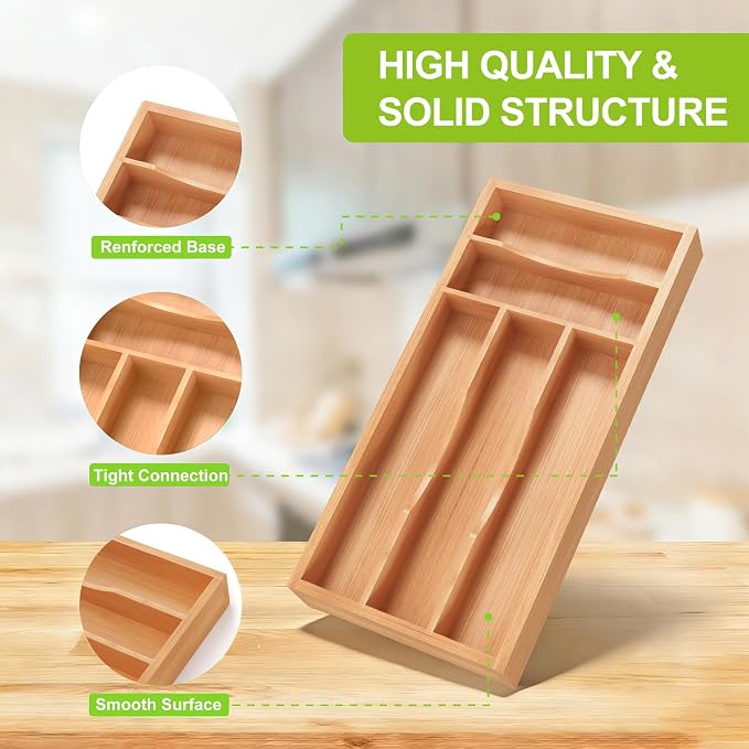 Unibambou Bamboo Kitchen Silverware Organizer with Removable Divider, Small | 4/5 slots flexible, Natural kitchen drawer cutlery organizer, Utensil holder, Flatware organizer tray, 6.7"W x 14"D x 1.6"H
