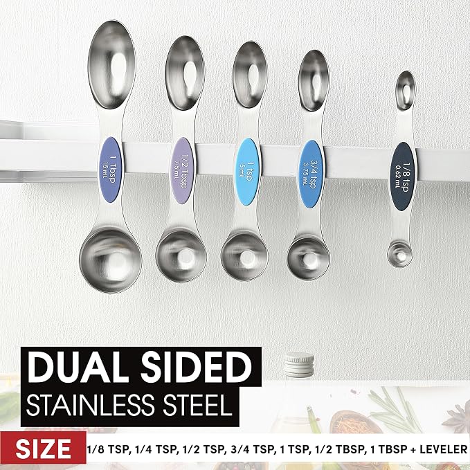 Spring Chef Stainless Steel 8 Magnetic Measuring Spoons Set, Winter Frost | Dual Sided Metal Teaspoon & Tablespoon Measuring Spoons with Leveler for Dry & Liquid Ingredients, Fits in Kitchen Spice Jars