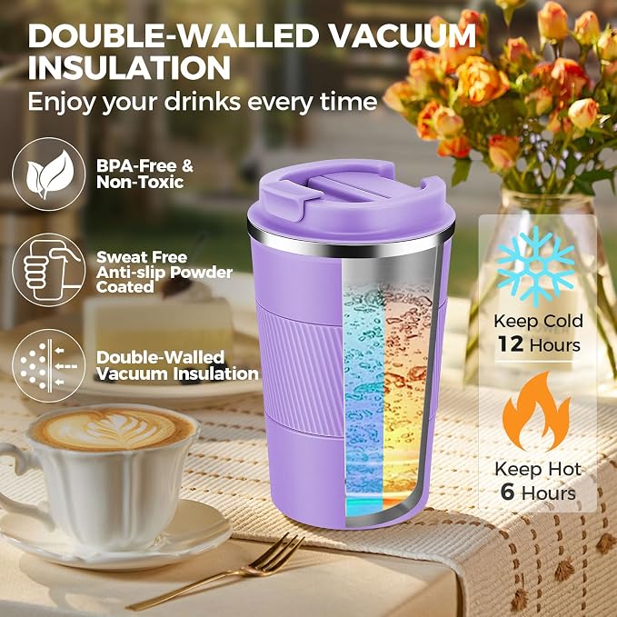Volhoply 13 oz Stainless Steel Insulated Travel Coffee Mug with Fip Lid Bulk 2 Pack,Reusable Double Wall Vacuum Metal Coffee Cup,Portable Leak Proof Thermal Tumbler for Hot & Cold Drinks(Purple,2)