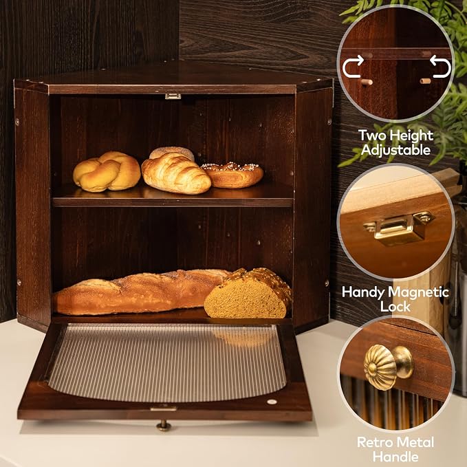 Corner Bread Box for Kitchen Countertop, Solid Wood, Walnut | 2-Tier Large Capacity, Wooden Bread Box, Vintage Farmhouse Breadbox, Pine Wood, Bread Storage Container, Adjustable Shelf