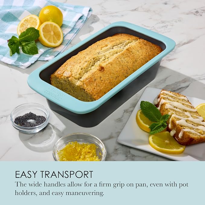 Chicago Metallic Silicone Loaf Pan, 9x5 Inch Nonstick Bread Pan for Baking, Wire-Reinforced Rim, Oven Safe to 428F, Flexible Bakeware for Bread, Meatloaf, and More, Blue
