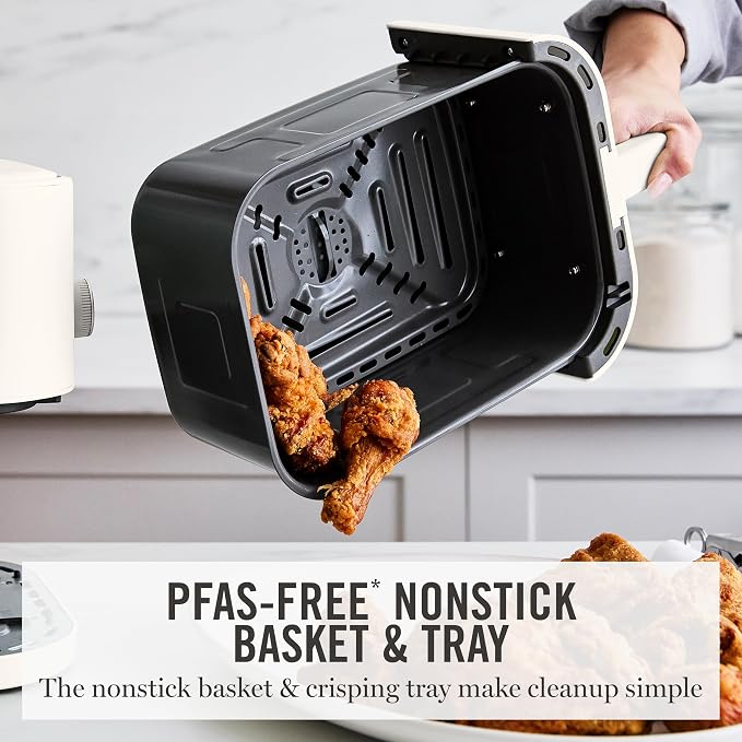 Martha Stewart 6-Quart Air Fryer, 6 Presets, Space Saving, Linen Cream | 3lb Capacity, PFAS-Free Ceramic Nonstick Basket & Tray, Bake, Roast, Broil, Dehydrate, Reheat, Shake Reminder, Heat up to 400