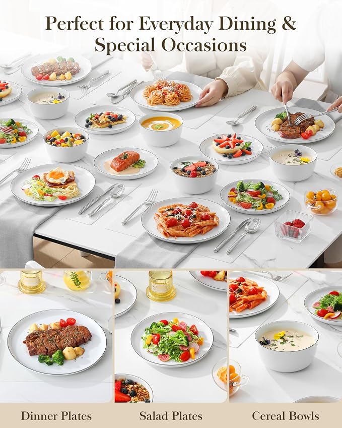 MALACASA 24-Piece Dinnerware Set for 8, White Black-Rim Porcelain Dishes | High-Fired Porcelain, Chip and Scratch Resistant, Microwave and Dishwasher Safe, Dinner, Salad Plates and Cereal Bowls