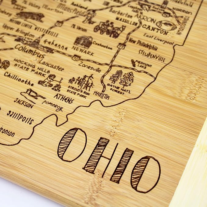 Totally Bamboo A Slice of Life Ohio Engraved Map Cutting Board | 11” x 8.75” charcuterie board with engraved state map artwork. Smooth reverse side for food prep. Hang tie for wall display.
