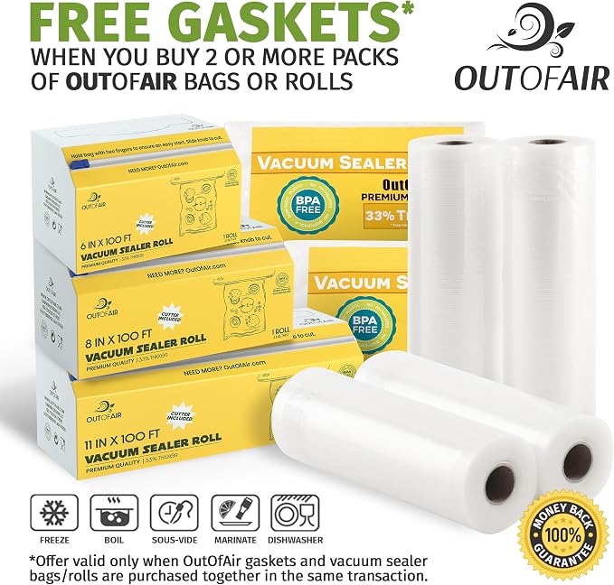 OutOfAir 100 Vacuum Sealer Bags: 4" x 6" Pre Cut Bags - Works with FoodSaver & Other Machines - 33% Thicker BPA Free, 4 Mil Commercial Grade, 4 x 6 inches