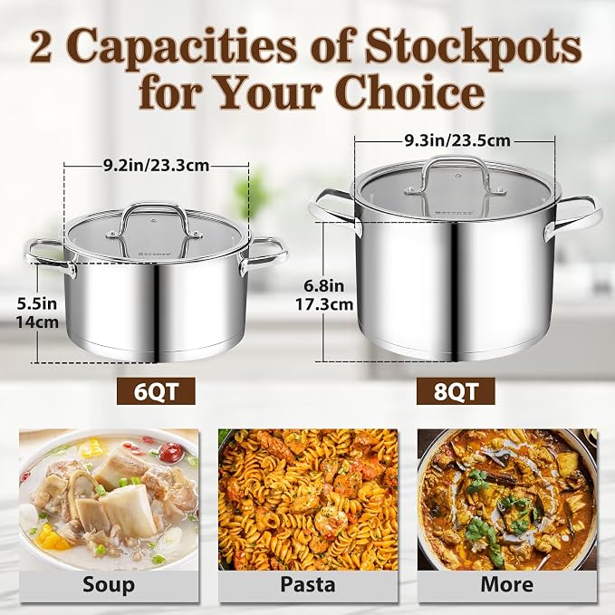 Rorence Stainless Steel Stock Pot, 8-Quart | Tri-Ply Base, Oven & Dishwasher Safe, Induction Cooking Pot