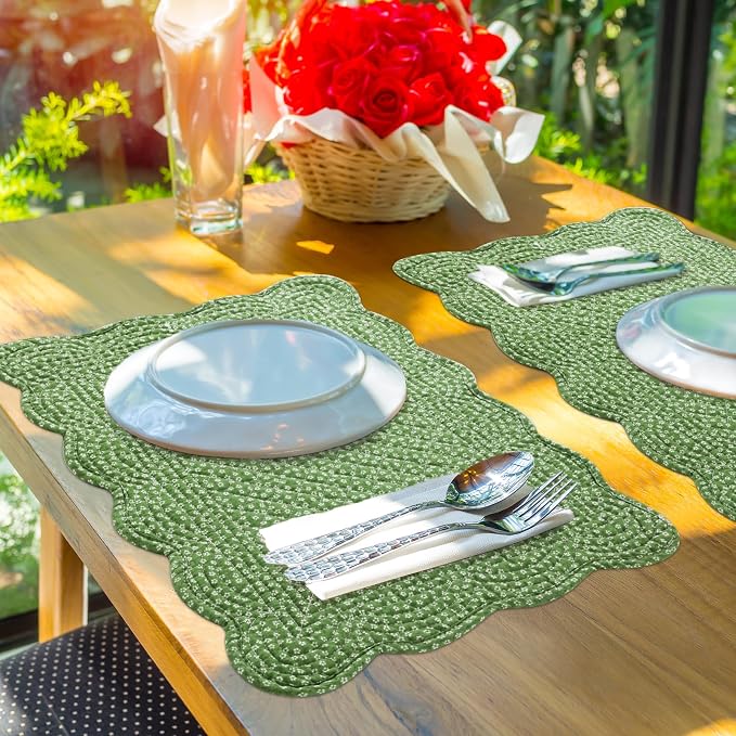 HOMBYS Quilted Placemats Set of 6 Washable-13x18 inches Rectangular Placemats for Kitchen Table-100% Cotton Fabric Rectangular Table Mats, (Green & Withe)
