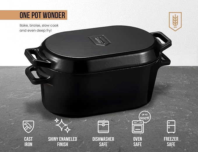 KooK Dutch Oven, For Sourdough Baking, Dual Handles, Enameled Cast Iron, includes Silicone Mat and Sourdough Guide, Dishwasher Safe, Oven safe 500F, 5 Qt, (Black)
