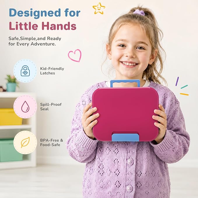 Bento Lunch Box for Kids, 3 Compartment 304 Stainless Steel Food Container with Handle & Spork, Kids Lunch Box Fits Ice Pack, BPA-Free, Rose Red