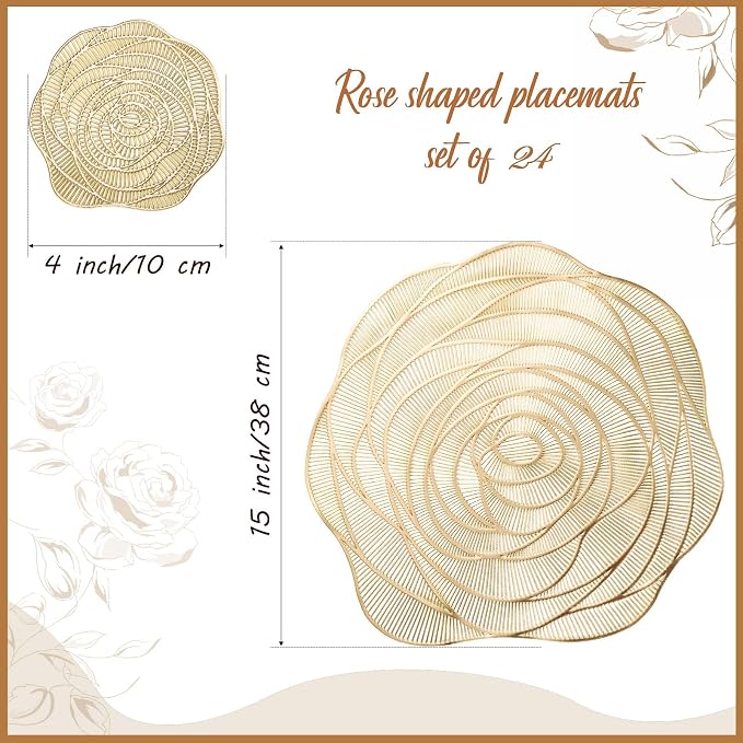 Sieral Round Hollow Rose Vinyl 15'' Placemat & 4'' Coaster,Gold,24 Set