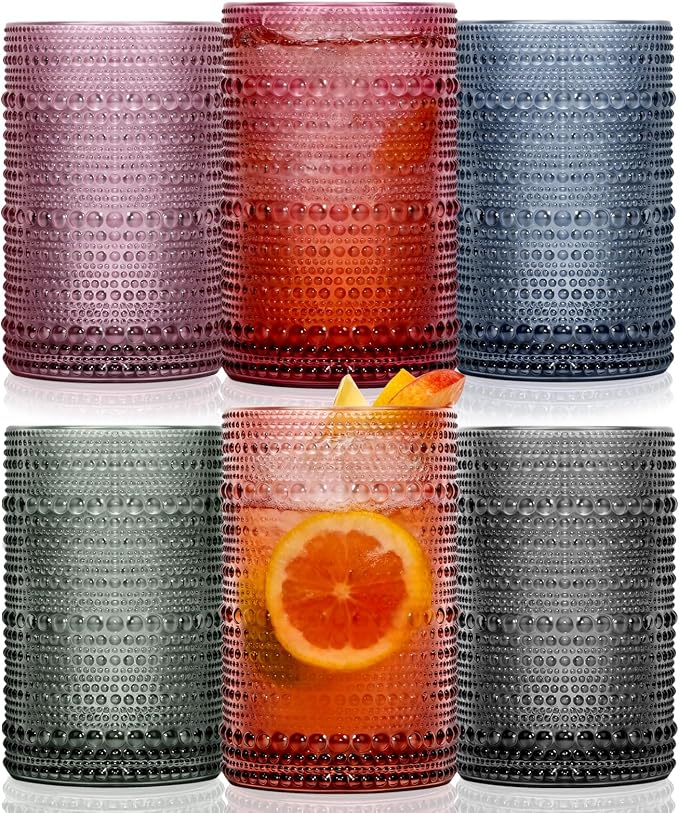 GGOLDMER Colored Hobnail Drinking Glasses Set of 6, 12oz Vintage Highball Glasses, Kitchen Glassware, Beaded Glass Cups for Iced Coffee, Cocktail, Beer, Juice, Cocktail, Whiskey, Milk
