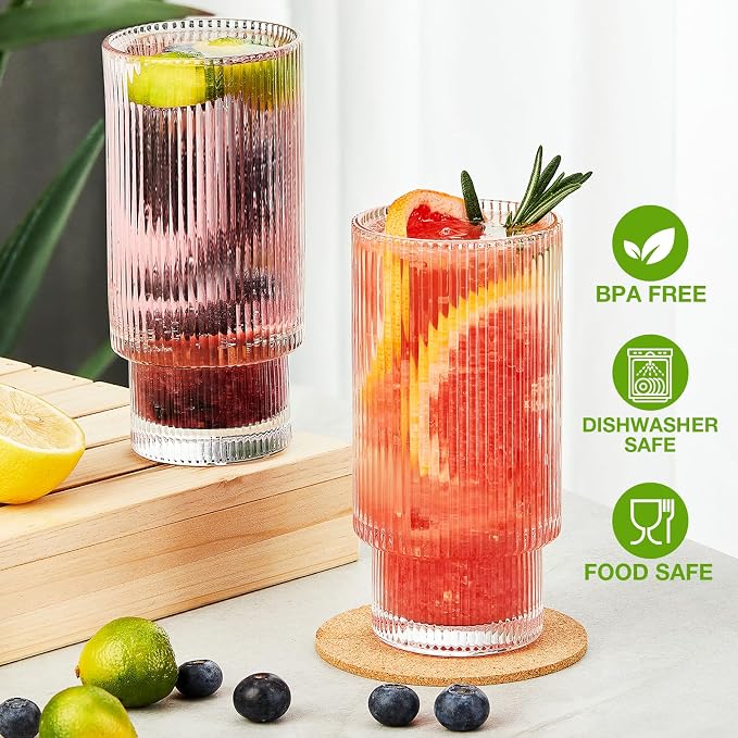 Qipecedm® 6 Pack Ribbed Drinking Glasses, 16 oz Vintage Glass Cups, Highball Glasses, Premium Iced Coffee Glasses, Clear Glass Tumbler, Cocktail Glasses, Elegant Glassware for Water Juice Whiskey Beer