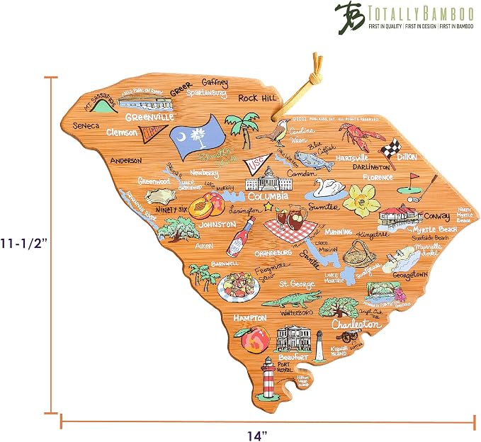 Totally Bamboo South Carolina State Shaped Cutting Board, Art by Fish Kiss | State charcuterie board with colorful hand-drawn map artwork. Smooth reverse side for food prep. Hang tie for wall display.