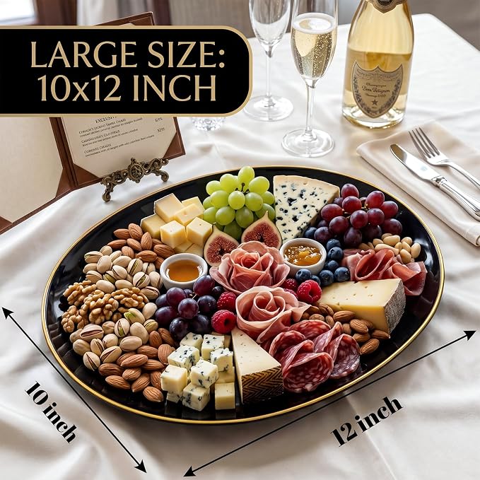 6PACK Black Oval Plastic Plates - 10"x12" Black and Gold Disposable Platters - Heavy Duty Serving Trays for Party/Birthdays/Catering/Weddings/BBQ
