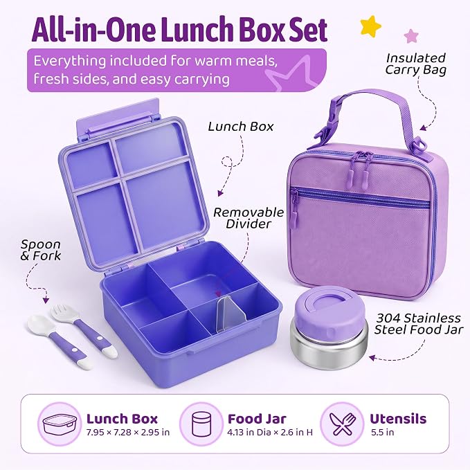 Bento Box for Kids with Thermo Food Container (9oz), 4-Compartment Lunch Box, Adjustable Divider, Leakproof Bento Lunch Box, Includes Utensils & Carry Bag for School, Office(Purple)