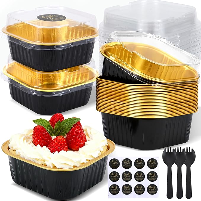 100 Pack 10oz Mini Cake Pans With Lids, Aluminum Foil Square Brownie Baking Cups,Disposable 4”x4” Large Cupcake Pan,Jumbo Muffin Tin Ramekins Holders-Black in Gold