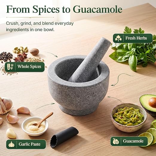 Flexzion Granite Mortar and Pestle Set, 4 Cup with Garlic Peeler, Gray | Large Molcajete Stone Grinder Bowl Includes a Matching Pestle, Garlic Peeler and Non-Slip Mat for Guacamole, Salsa and Spices