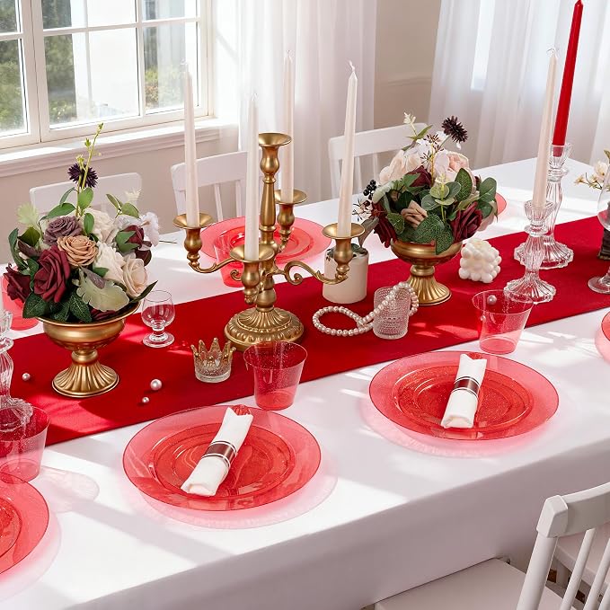 DaYammi 210PCS Red Glitter Plastic Dinnerware Set for 30 Guests, Fancy Disposable Plates for Party, Include: 30 Dinner Plates, 30 Dessert Plates, 30 Pre Rolled Napkins with Red Silverware, 30 Cups