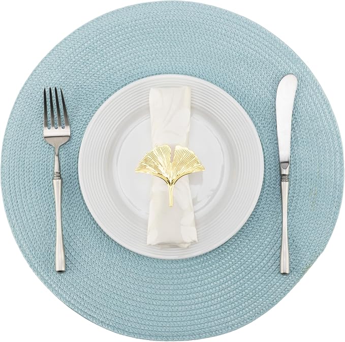 Winknowl 15 Inch Round Braided Placemats Set of 6, Washable Cotton Polyester Table Mats, Heat Resistant Non-Slip Place Mats for Kitchen Dining Table Decor (Light Blue,6pcs)