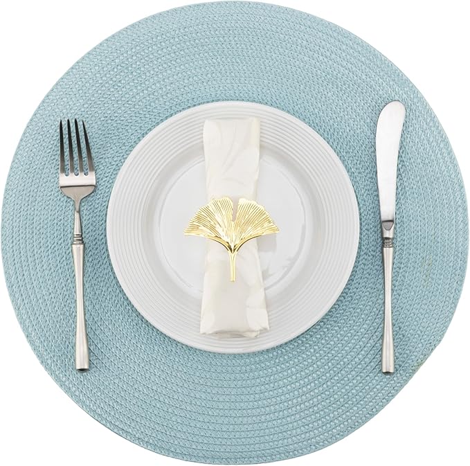 Winknowl 15 Inch Round Braided Placemats Set of 8, Washable Cotton Polyester Table Mats, Heat Resistant Non-Slip Place Mats for Kitchen Dining Table Decor (Light Blue,8pcs)
