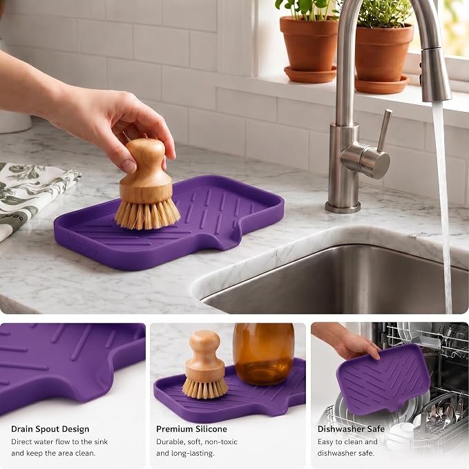 MicoYang Silicone Soap Dish with Drain Spout — Self-Draining Sink Organizer Tray for Bathroom & Kitchen, Sponges, Dispensers & Soap Holder, Non-Slip & Dishwasher Safe, Purple (Medium, 9.6"×5.3")
