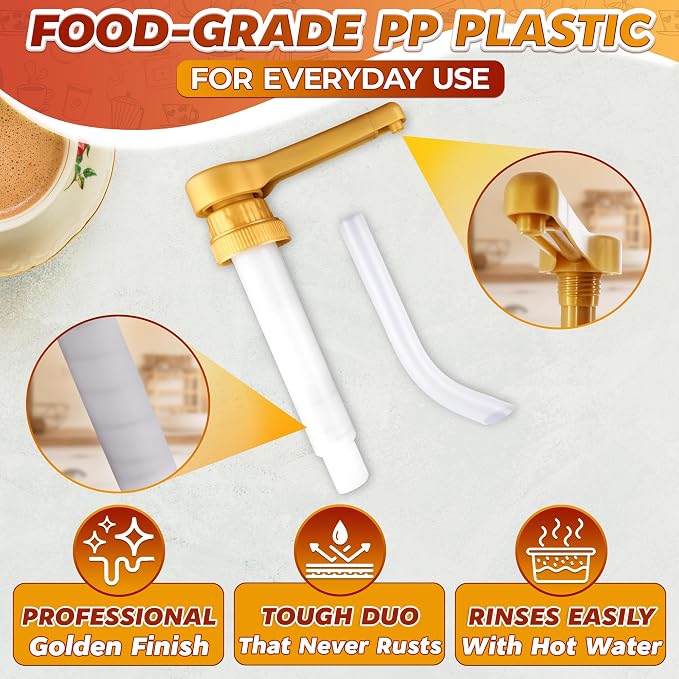 Sauce Pump Dispenser, 0.5oz, Compatible with Torani 64oz (Gold) | Syrup Pump for Coffee Bottle; Compatible with DaVinci (64oz), & Ghirardelli (87-90oz) Bottles; Adjustable Tube, Lockable