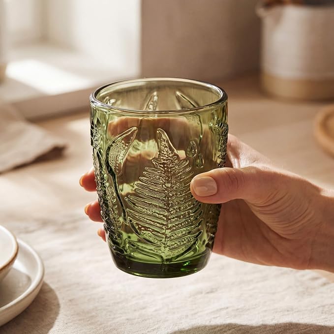 Green Drinking Glasses Set of 8 - 12 & 10 oz, Vintage Boho Fern Glass Cups | Hand-Pressed, Dishwasher Safe, Leaf-Textured Glassware, Colored Embossed Highball & Lowball Tumblers for Water, Retro Kitchen