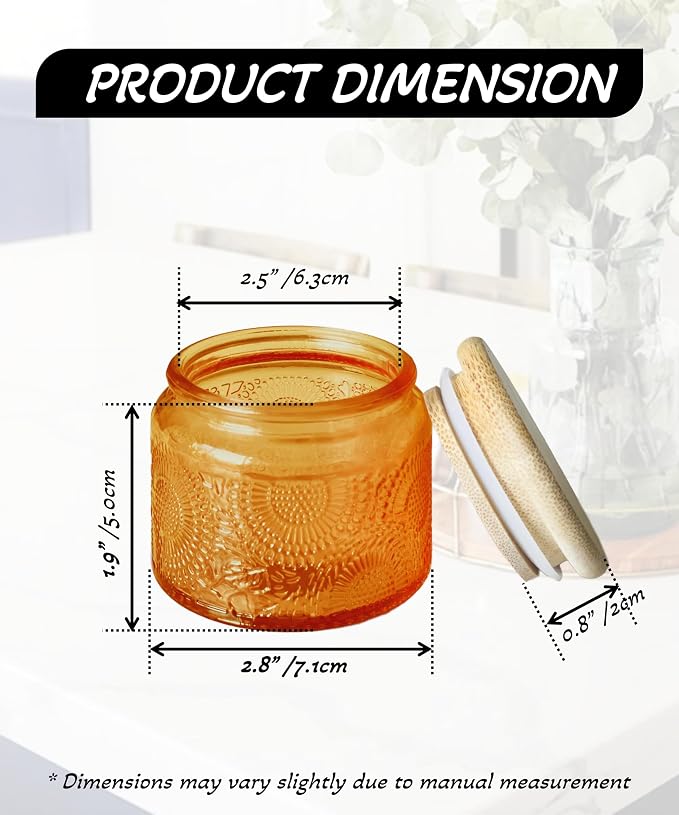 4 oz Decorative Small Glass Jars with Airtight Bamboo Lids, Orange 12 Pack | Vintage embossed color coated containers, kitchen pantry bathroom organization & decor, spices, DIY gifts, candle making