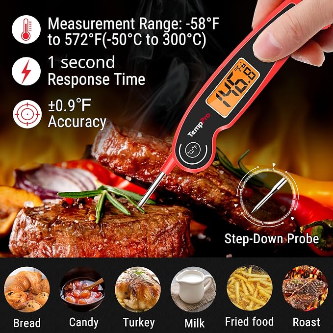 TempPro TempSwift Instant Read Meat Thermometer for Cooking | Waterproof Digital Food Thermometer with Large Backlit LCD, Kitchen Thermometer for Grilling, Smoking & Candy Making