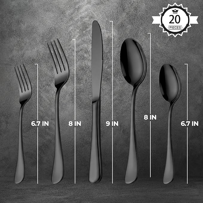 LIANYU 20 Piece Black Silverware Set, Stainless Steel Flatware Cutlery Set | Service for 4, Mirror Finish, Dishwasher Safe