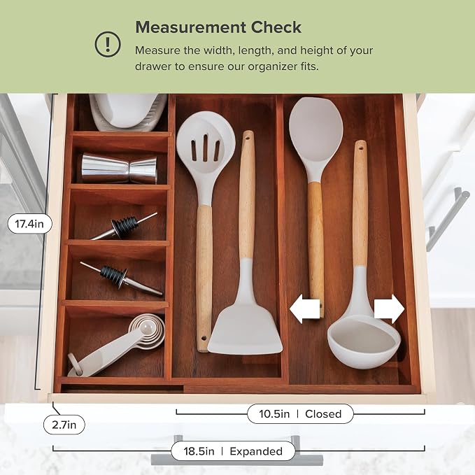 Utensil & Junk Drawer Organizer, 10.5-18.5 in, Acacia | Food-safe contract grade, 100% sustainable wood, non-slip, adjustable