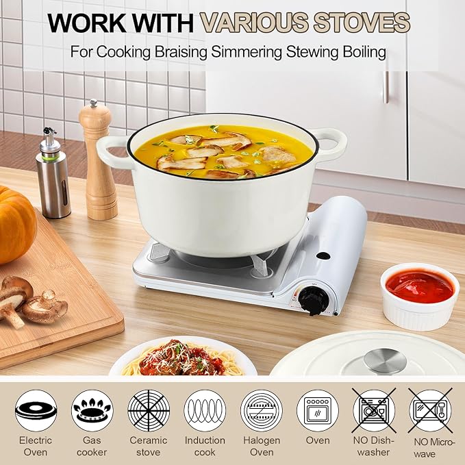 P&P CHEF 7QT Enameled Dutch Oven, Dutch Oven Pot for Bread Baking, White | 7 Quart Enameled Cast Iron Casserole Pot with Lid, for Roasting Braising Stewing Frying Simmering, Work on Various Stoves