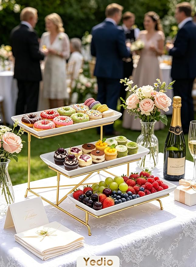 3 Tier Serving Tray Set 14 Inch Porcelain Tiered Serving Platters, Collapsible Sturdier Stand with Stable Cross Bars, Three Layer Serving for Party Entertaining Food Display Fruit Dessert