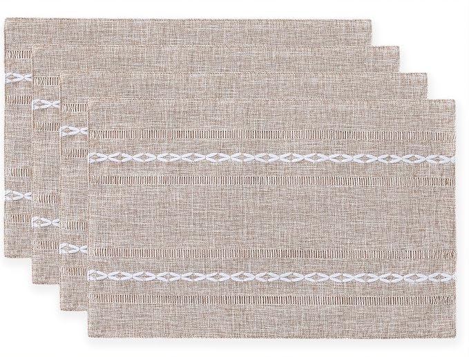 Wracra Cotton Linen Place Mats, Brown Embroidered Placemats Set of 4 | Placemats 12 x 18 Inch; Cotton Linen Woven Fabric; Heat Resistant Table Mats; Raised Embroidered Hollow Design