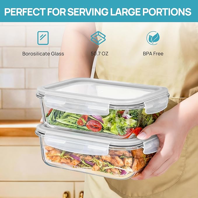 Vtopmart 2Pack 1500ml/50.7oz Large Glass Storage Containers With Lids, Grey | Meal Prep Food Container Set with Snap Airtight Lid, For Baking, Microwave, Oven, Leak Proof, Freezer, Dishwasher, BPA Free