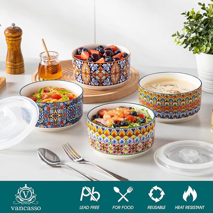 vancasso SIMI 36 oz Ceramic Bowls with Lids Set of 4,Bohemian Serving Bowl | 6 Inch Food Storage Containers Prep Bowls for Leftovers, Soup, Cereal, Meal Prep, Office Lunch, Microwave & Dishwasher Safe