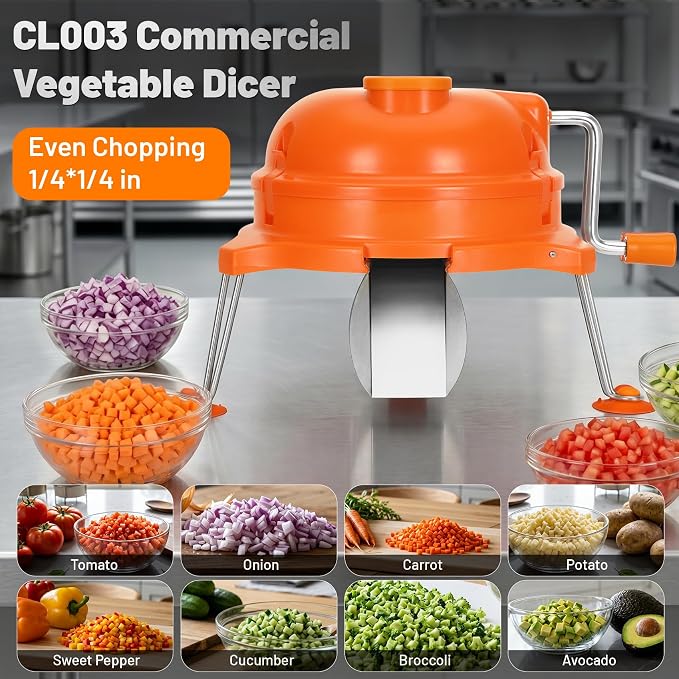 CL003 Commercial Vegetable Dicer with 2 Blades, 1/4"x1/4" Food Prep Cutter | Heavy-Duty Manual Tabletop Cuber for Onion, Tomato & Potato, Orange Chopper for Restaurant, Food Truck & Kitchen