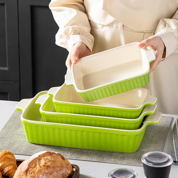 MALACASA Ceramic Baking Dishes Set of 4, Deep Casserole Dish, Green | Deep Lasagna Pans for Versatile Use, Durable Bakeware for Roasting Vegetable, Gift Set, Dishwasher Safe(9.4/11.1/12.2/14.7")
