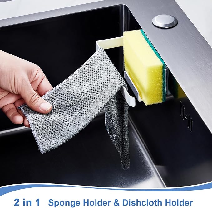 Sponge and Dish Cloth Holder for Kitchen Sink, 2 in 1 Adhesive Sink Dish Sponge Holder, Sinks Caddy Organizer Rack for Storage Sponges Scrubber Glove and Brush, White